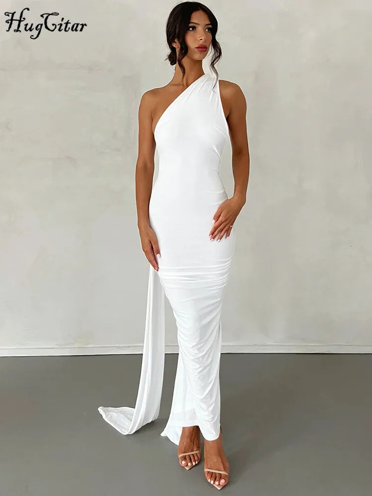 Hugcitar One Shoulder Backless Ruched Maxi Dress - Sexy Adjustable Scarf Loop Elegant Y2K Festival Clubwear