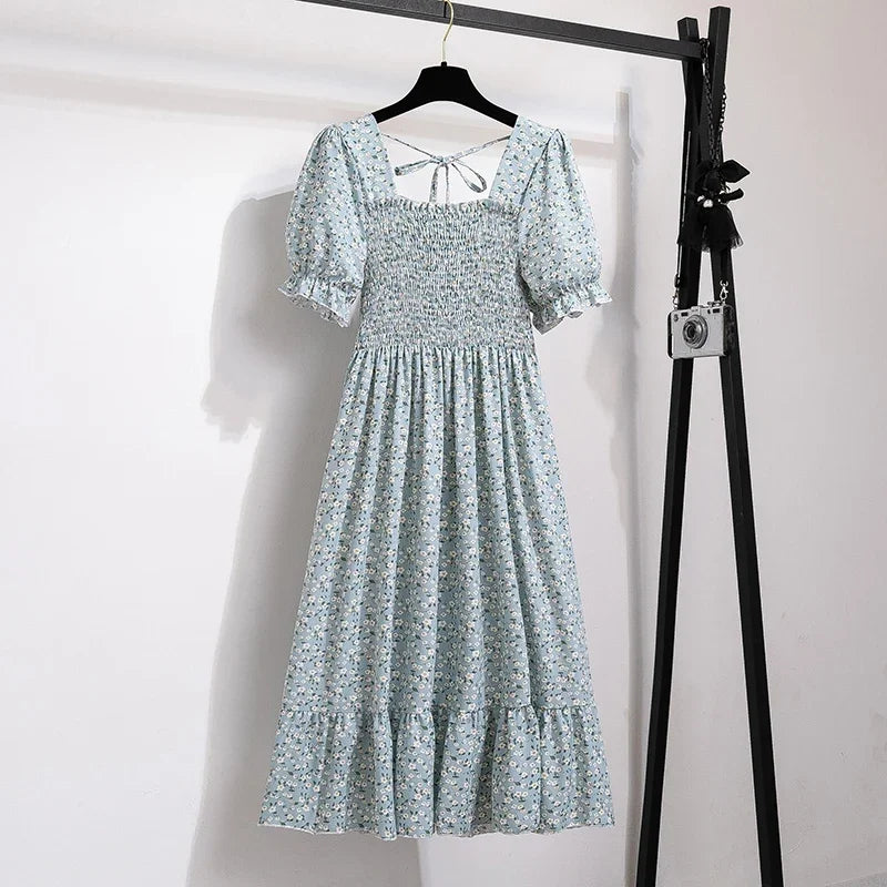 Women's Spring Summer Chiffon Pleated Dress - Casual Short Sleeve Elastic Waist A-Line Vestidos
