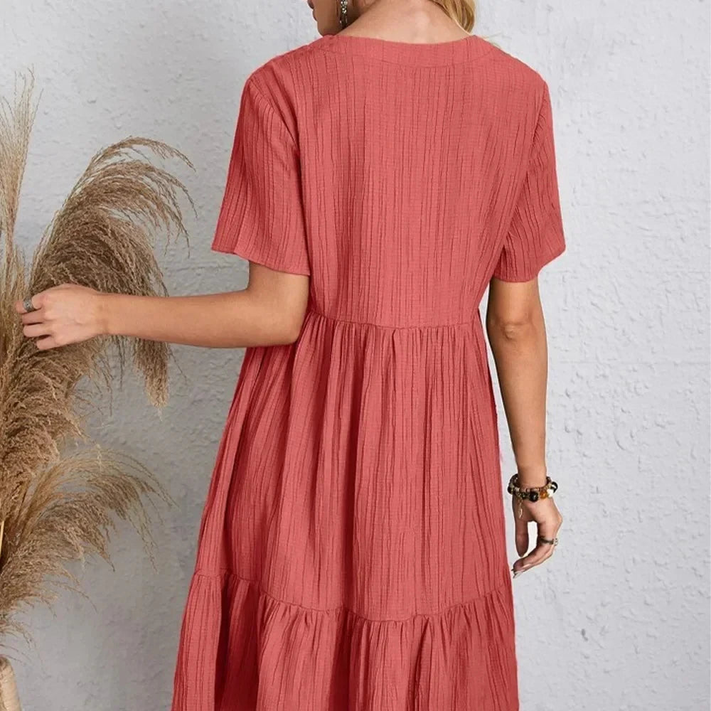 Willow Textured V-Neck Tiered Mini Dress – Breezy Summer Smock Dress