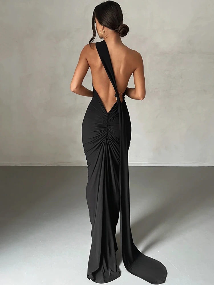 Hugcitar One Shoulder Backless Ruched Maxi Dress - Sexy Adjustable Scarf Loop Elegant Y2K Festival Clubwear