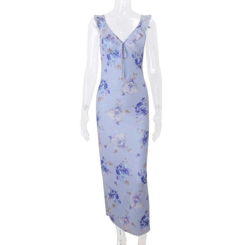 Cryptographic Elegant Plunging Neck Floral Maxi Dress - Fairycore Backless Summer Vacation Aesthetic Sun Dress