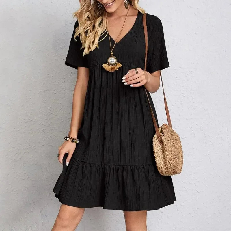 Willow Textured V-Neck Tiered Mini Dress – Breezy Summer Smock Dress