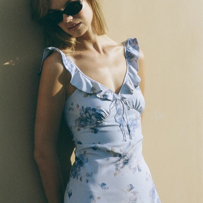 Cryptographic Elegant Plunging Neck Floral Maxi Dress - Fairycore Backless Summer Vacation Aesthetic Sun Dress