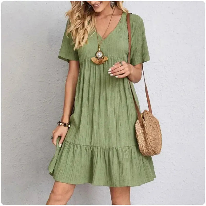 Willow Textured V-Neck Tiered Mini Dress – Breezy Summer Smock Dress
