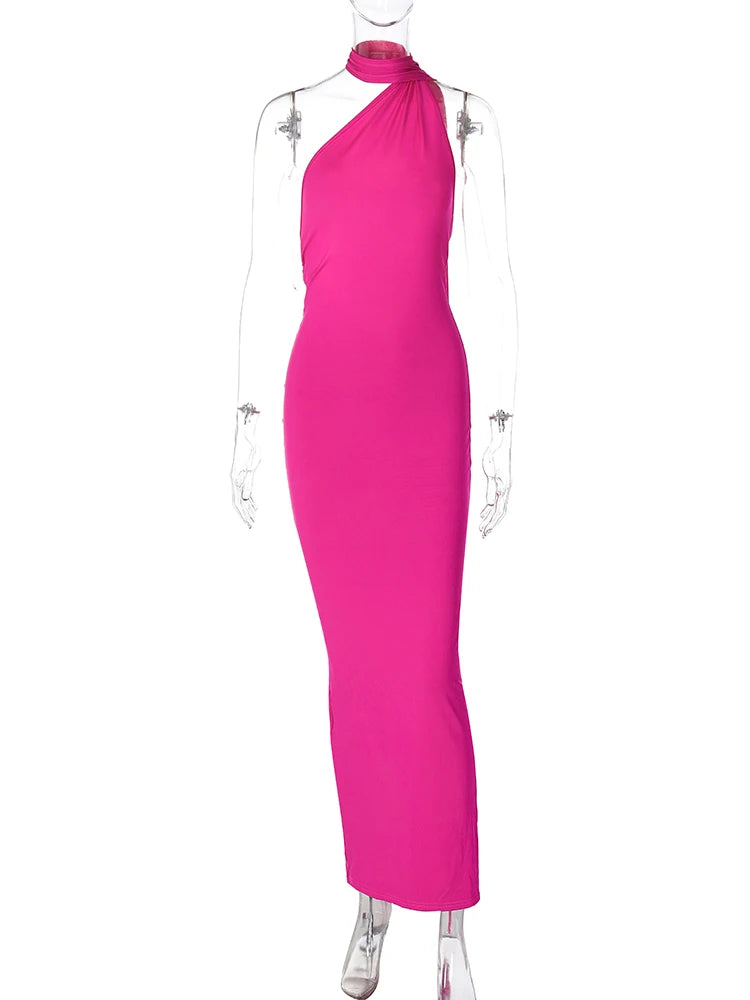 Hugcitar One Shoulder Backless Ruched Maxi Dress - Sexy Adjustable Scarf Loop Elegant Y2K Festival Clubwear