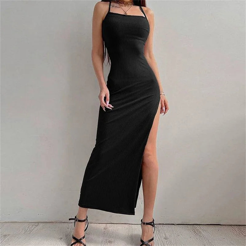 Women's Summer Sexy Black Long Bodycon Dress - Backless Halter Neck High Split Maxi Spaghetti Strap Vestidos