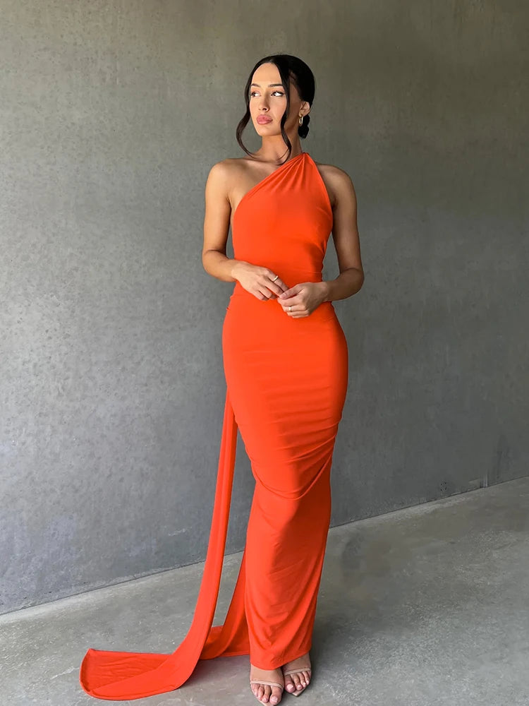 Hugcitar One Shoulder Backless Ruched Maxi Dress - Sexy Adjustable Scarf Loop Elegant Y2K Festival Clubwear