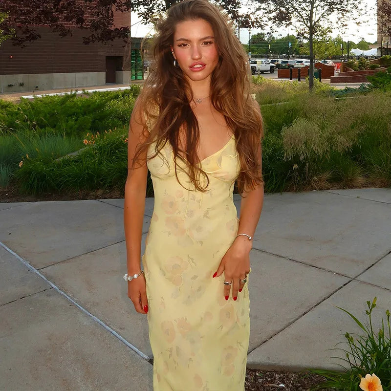 Cryptographic Elegant Plunging Neck Floral Maxi Dress - Fairycore Backless Summer Vacation Aesthetic Sun Dress