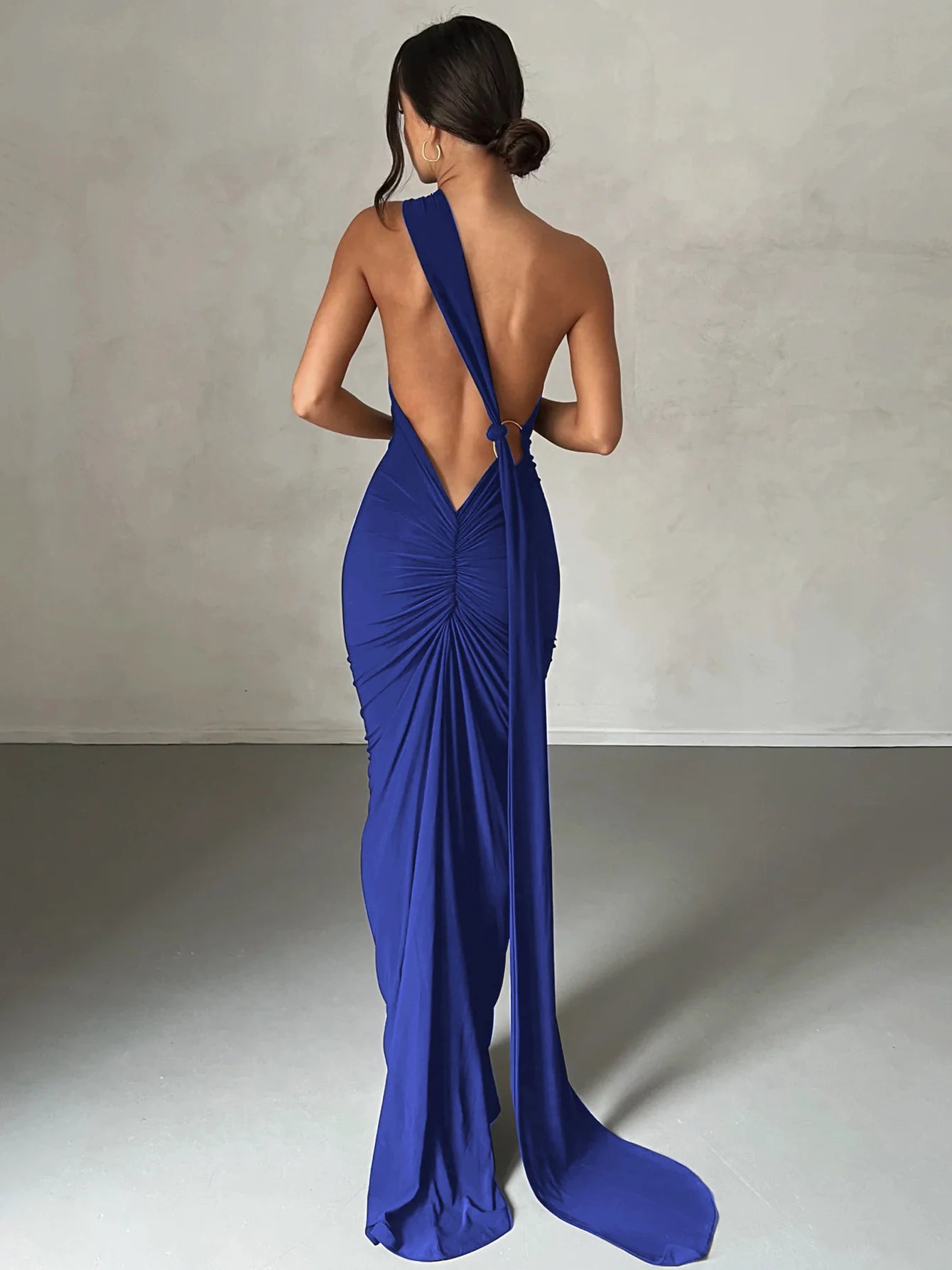 Hugcitar One Shoulder Backless Ruched Maxi Dress - Sexy Adjustable Scarf Loop Elegant Y2K Festival Clubwear