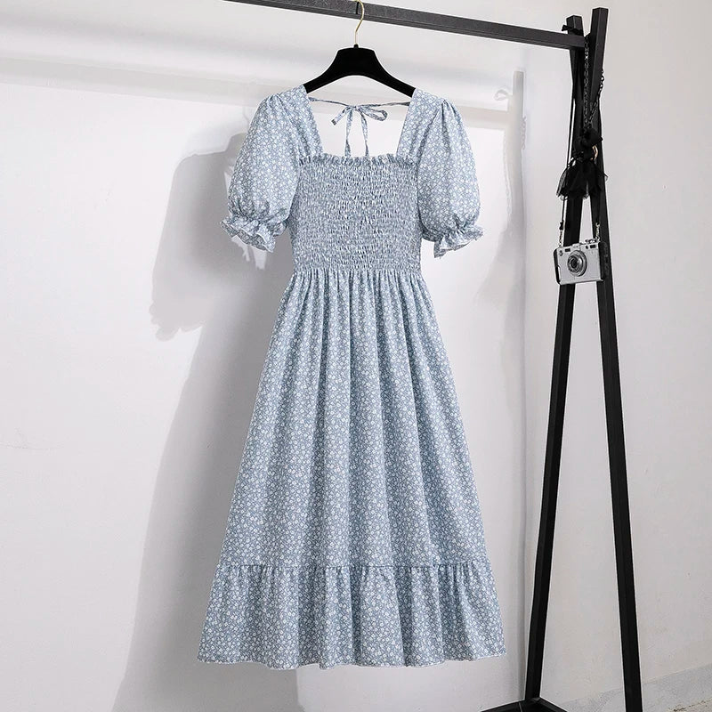 Women's Spring Summer Chiffon Pleated Dress - Casual Short Sleeve Elastic Waist A-Line Vestidos