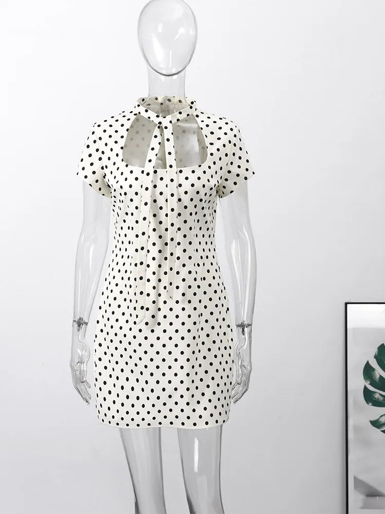 Women's Summer Hollow-Out Polka Dot Mini Dress - Sexy Slimming Hip-Package Party Dress with Belt & Zipper