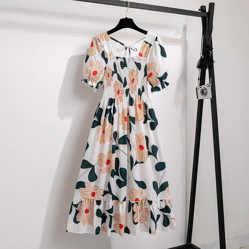 Women's Spring Summer Chiffon Pleated Dress - Casual Short Sleeve Elastic Waist A-Line Vestidos