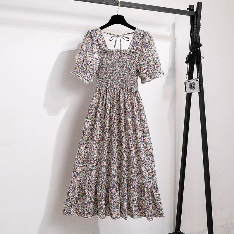 Women's Spring Summer Chiffon Pleated Dress - Casual Short Sleeve Elastic Waist A-Line Vestidos