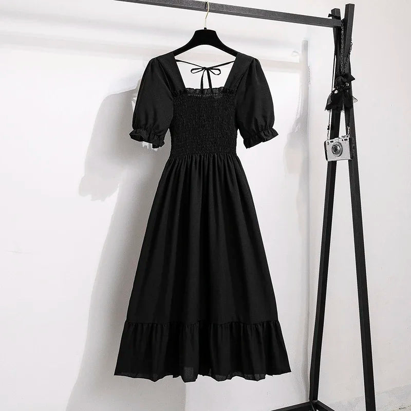 Women's Spring Summer Chiffon Pleated Dress - Casual Short Sleeve Elastic Waist A-Line Vestidos