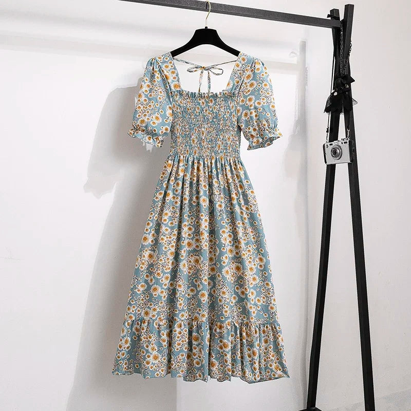 Women's Spring Summer Chiffon Pleated Dress - Casual Short Sleeve Elastic Waist A-Line Vestidos
