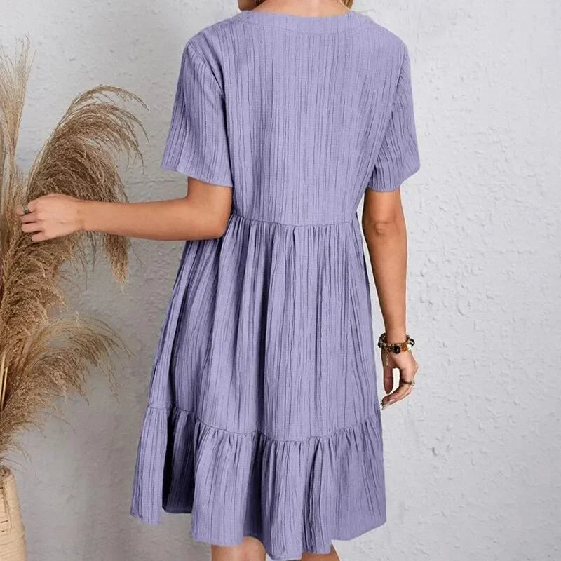 Willow Textured V-Neck Tiered Mini Dress – Breezy Summer Smock Dress