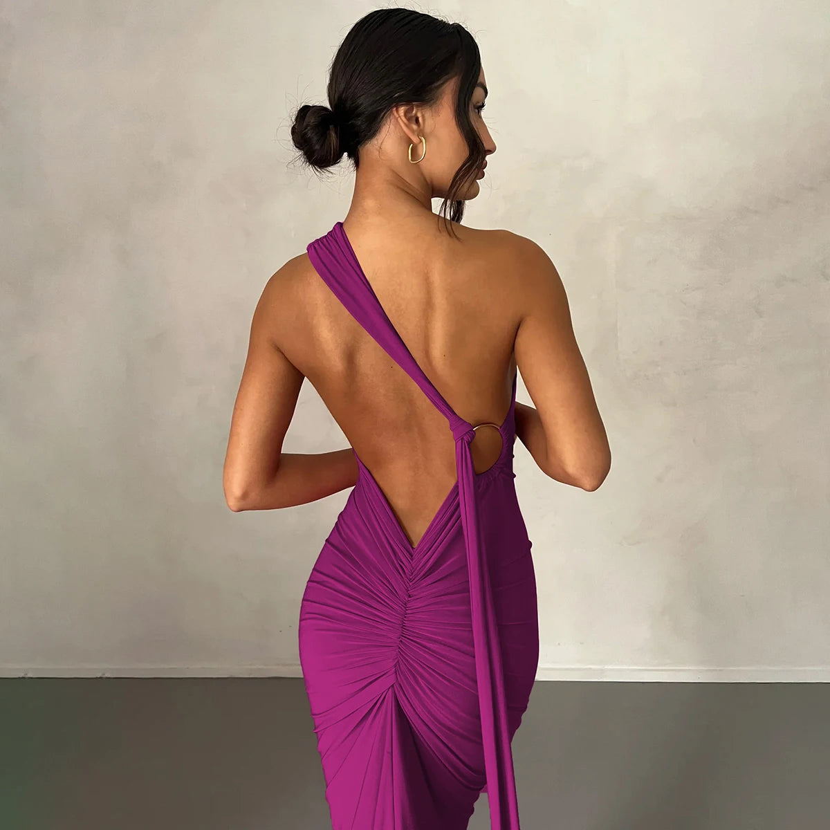 Hugcitar One Shoulder Backless Ruched Maxi Dress - Sexy Adjustable Scarf Loop Elegant Y2K Festival Clubwear