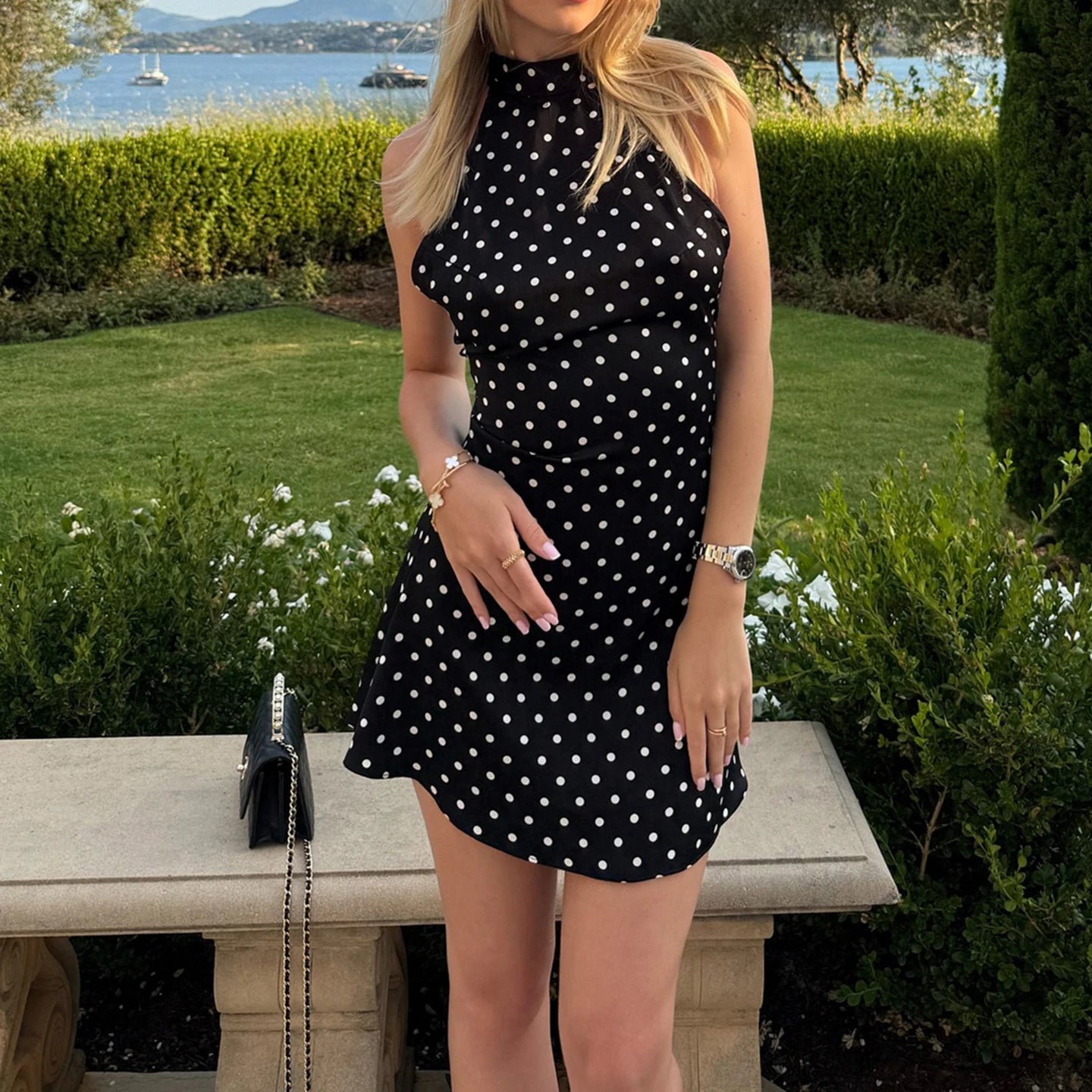 Women's Polka Dot Halter Mini Dress – Elegant Backless Summer Party Dress