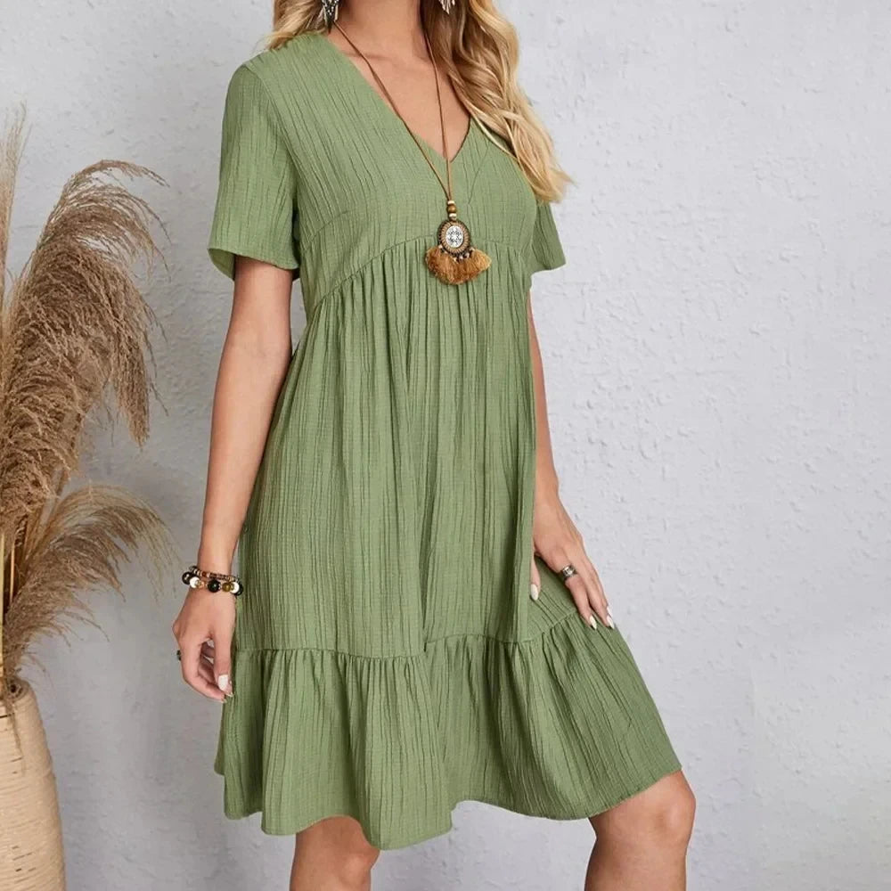 Willow Textured V-Neck Tiered Mini Dress – Breezy Summer Smock Dress