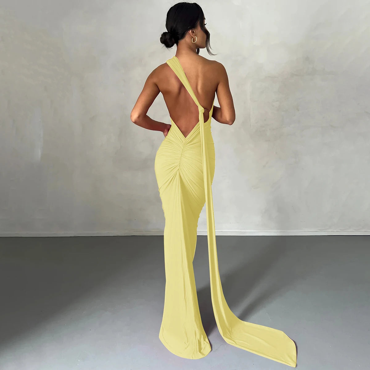 Hugcitar One Shoulder Backless Ruched Maxi Dress - Sexy Adjustable Scarf Loop Elegant Y2K Festival Clubwear
