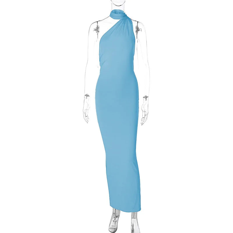 Hugcitar One Shoulder Backless Ruched Maxi Dress - Sexy Adjustable Scarf Loop Elegant Y2K Festival Clubwear