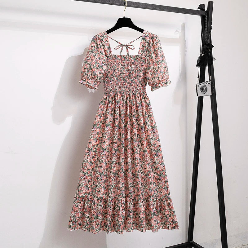 Women's Spring Summer Chiffon Pleated Dress - Casual Short Sleeve Elastic Waist A-Line Vestidos