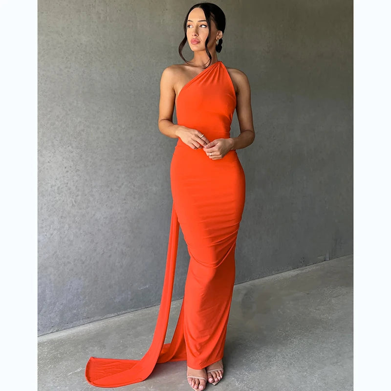 Hugcitar One Shoulder Backless Ruched Maxi Dress - Sexy Adjustable Scarf Loop Elegant Y2K Festival Clubwear