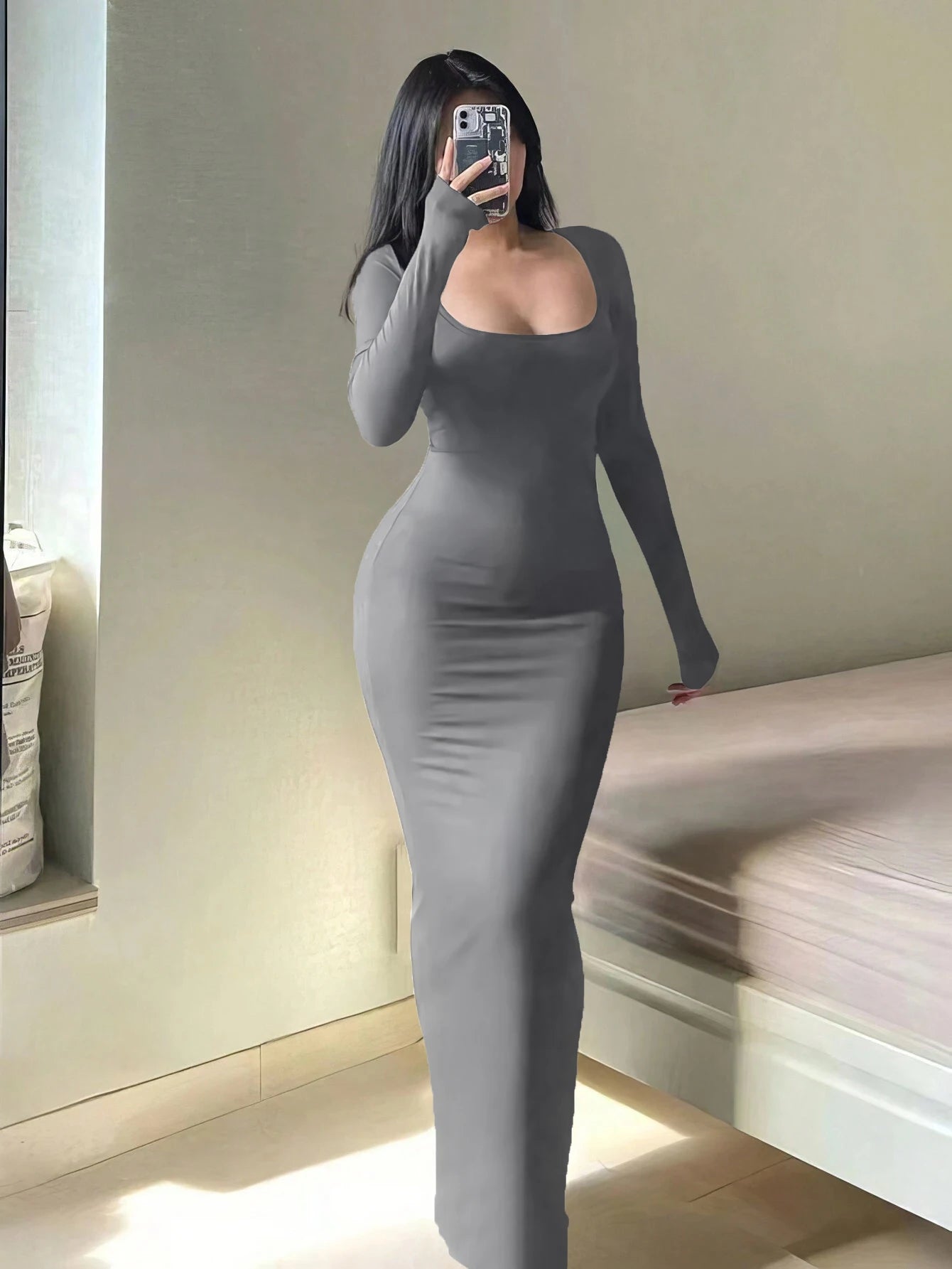 Women's Chic Basic Bodycon Maxi Dress - Minimalist Scoop Neck Long Sleeve Casual Fashion Long Dress