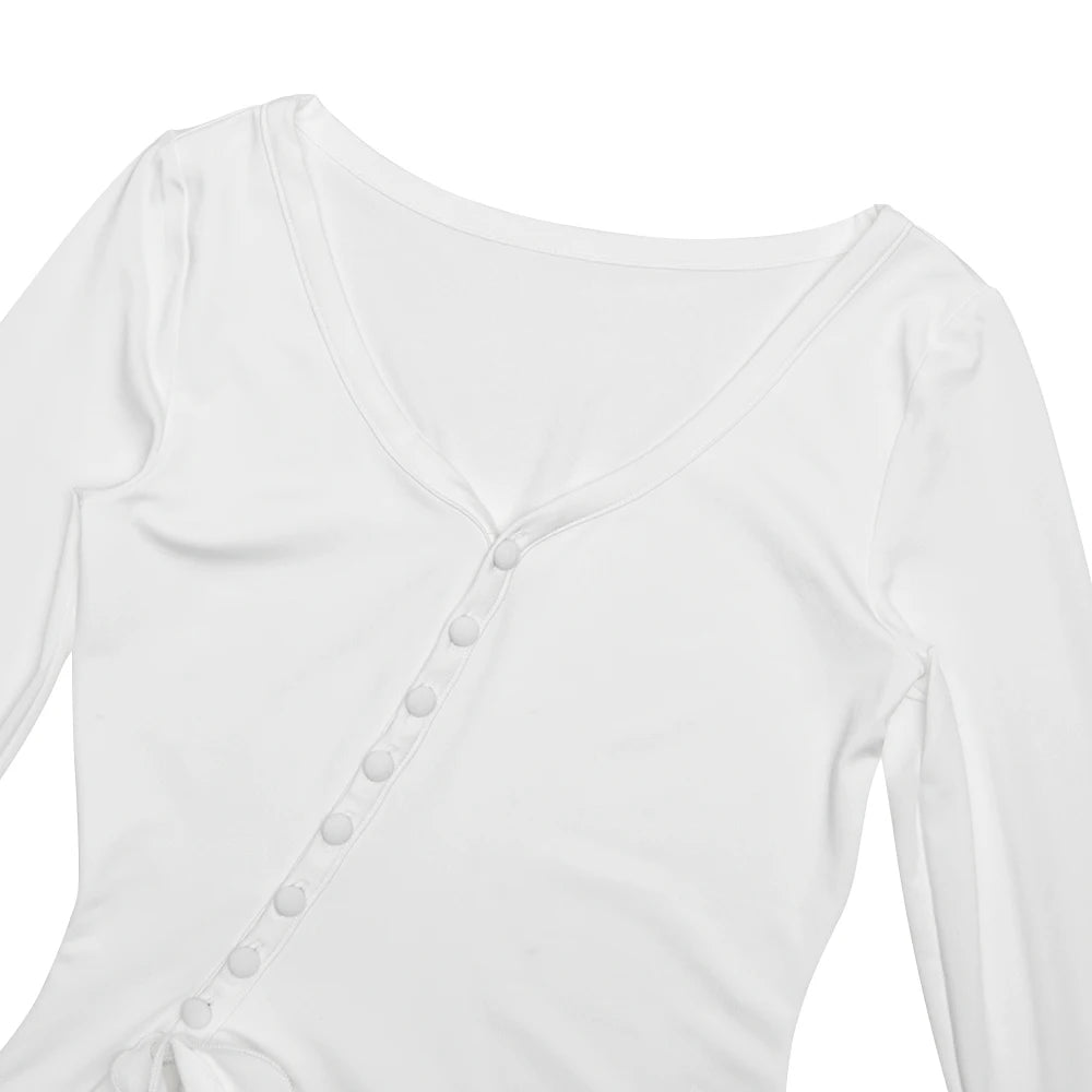 Absobe Women's V-Neck Long Sleeve Mini Dress - Asymmetrical Buttons Ruffle Hem Bodycon A-Line Party Streetwear Outfit