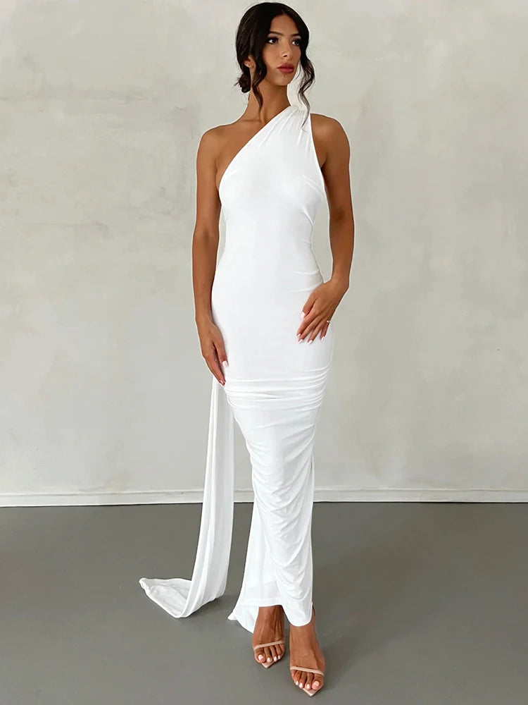 Hugcitar One Shoulder Backless Ruched Maxi Dress - Sexy Adjustable Scarf Loop Elegant Y2K Festival Clubwear