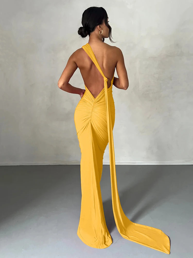 Hugcitar One Shoulder Backless Ruched Maxi Dress - Sexy Adjustable Scarf Loop Elegant Y2K Festival Clubwear