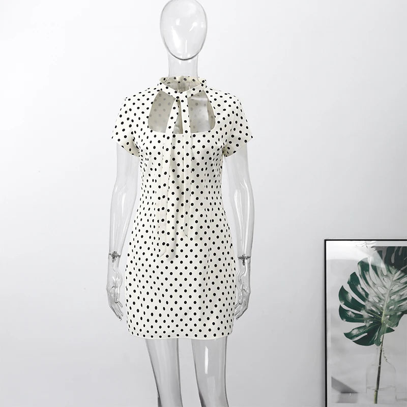 Women's Summer Hollow-Out Polka Dot Mini Dress - Sexy Slimming Hip-Package Party Dress with Belt & Zipper