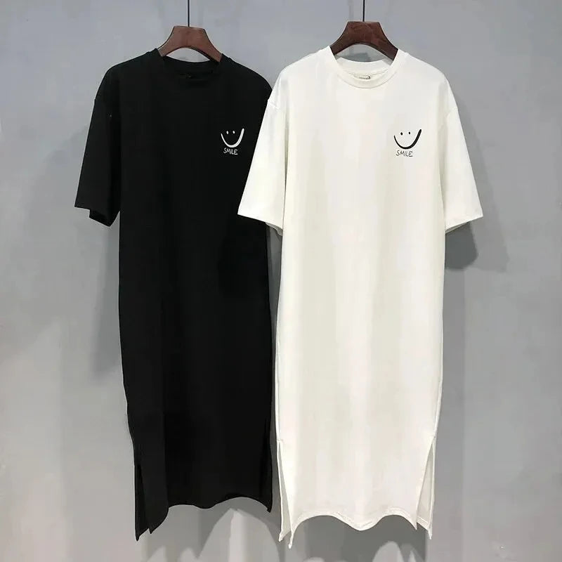 Nova Minimalist Smile Slit T-Shirt Dress – Oversized Mid-Length Lounge Dress