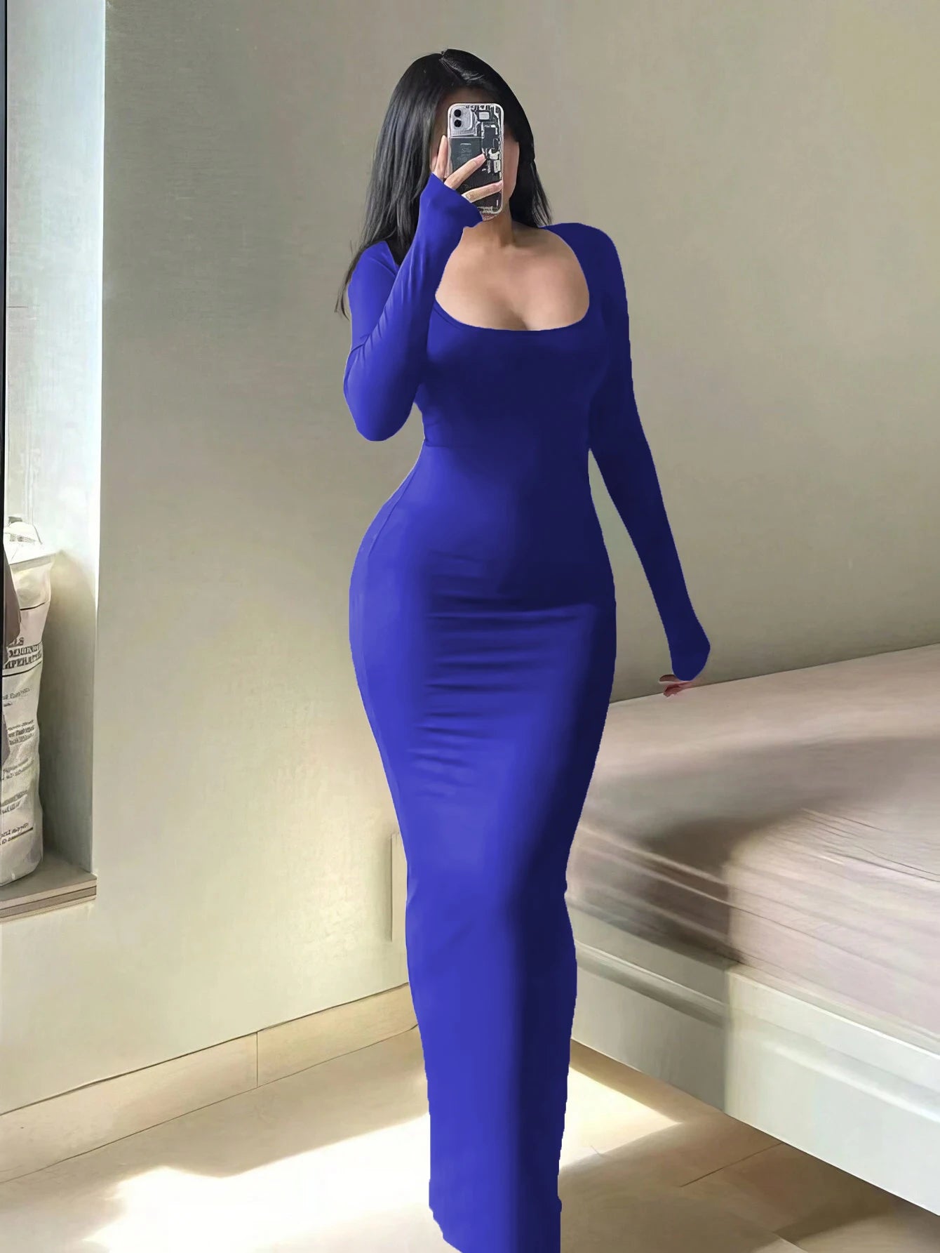 Women's Chic Basic Bodycon Maxi Dress - Minimalist Scoop Neck Long Sleeve Casual Fashion Long Dress