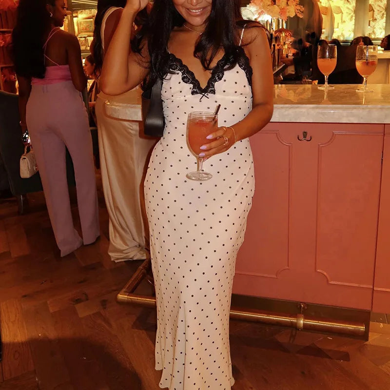 Tossy Contrast Lace V-Neck Patchwork Maxi Dress - Sexy Backless High Waist Slim Spaghetti Strap Party Long Dress
