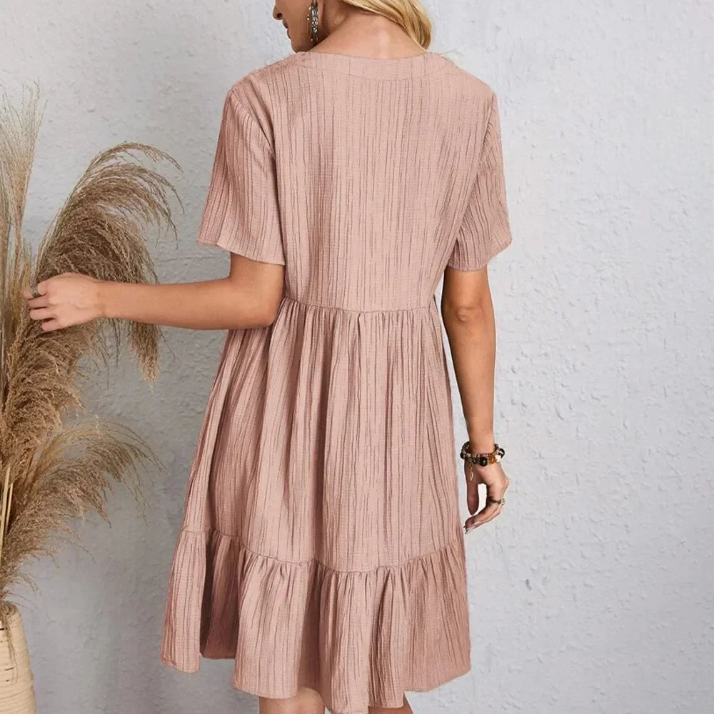 Willow Textured V-Neck Tiered Mini Dress – Breezy Summer Smock Dress
