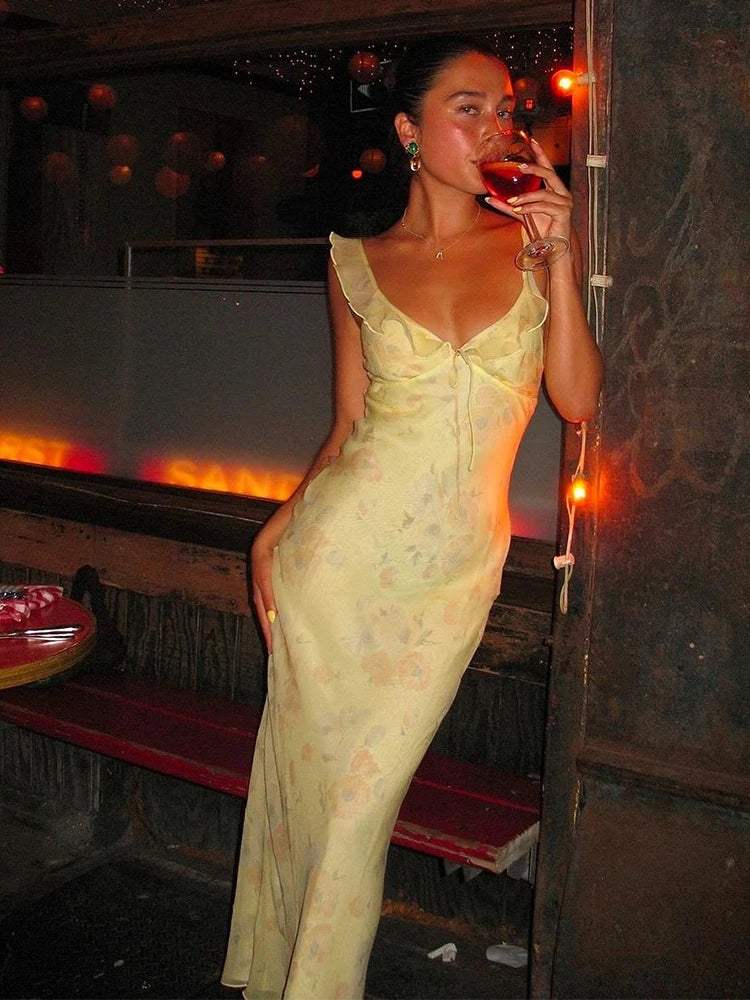 Cryptographic Elegant Plunging Neck Floral Maxi Dress - Fairycore Backless Summer Vacation Aesthetic Sun Dress