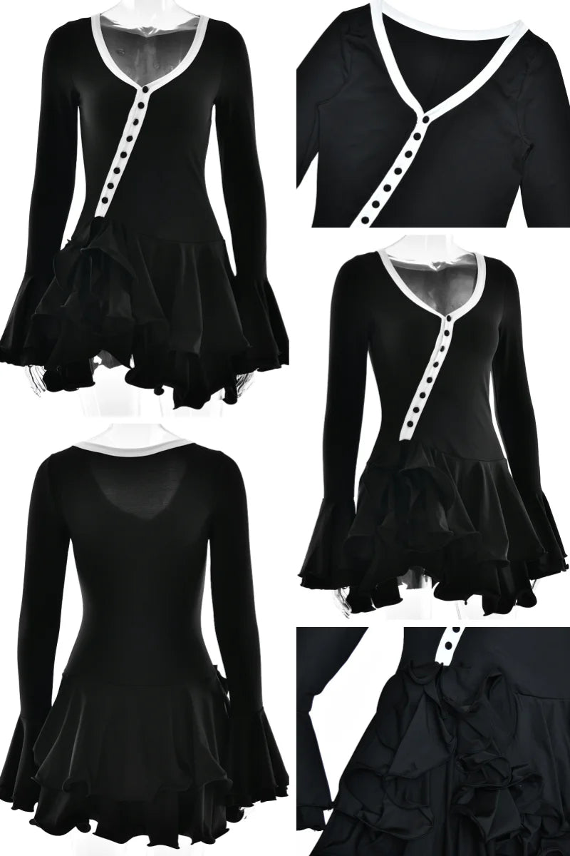 Absobe Women's V-Neck Long Sleeve Mini Dress - Asymmetrical Buttons Ruffle Hem Bodycon A-Line Party Streetwear Outfit