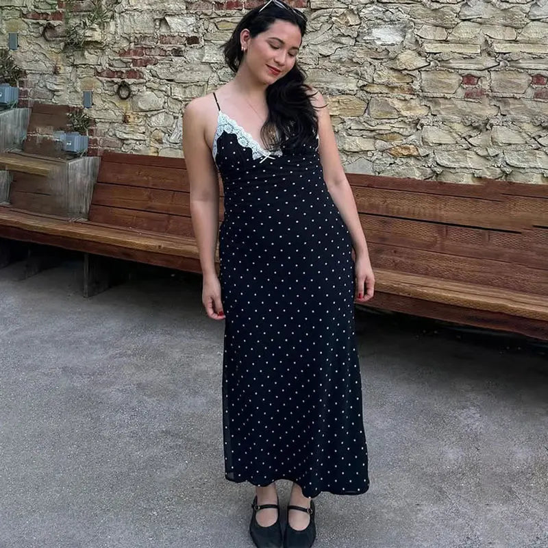 Tossy Contrast Lace V-Neck Patchwork Maxi Dress - Sexy Backless High Waist Slim Spaghetti Strap Party Long Dress