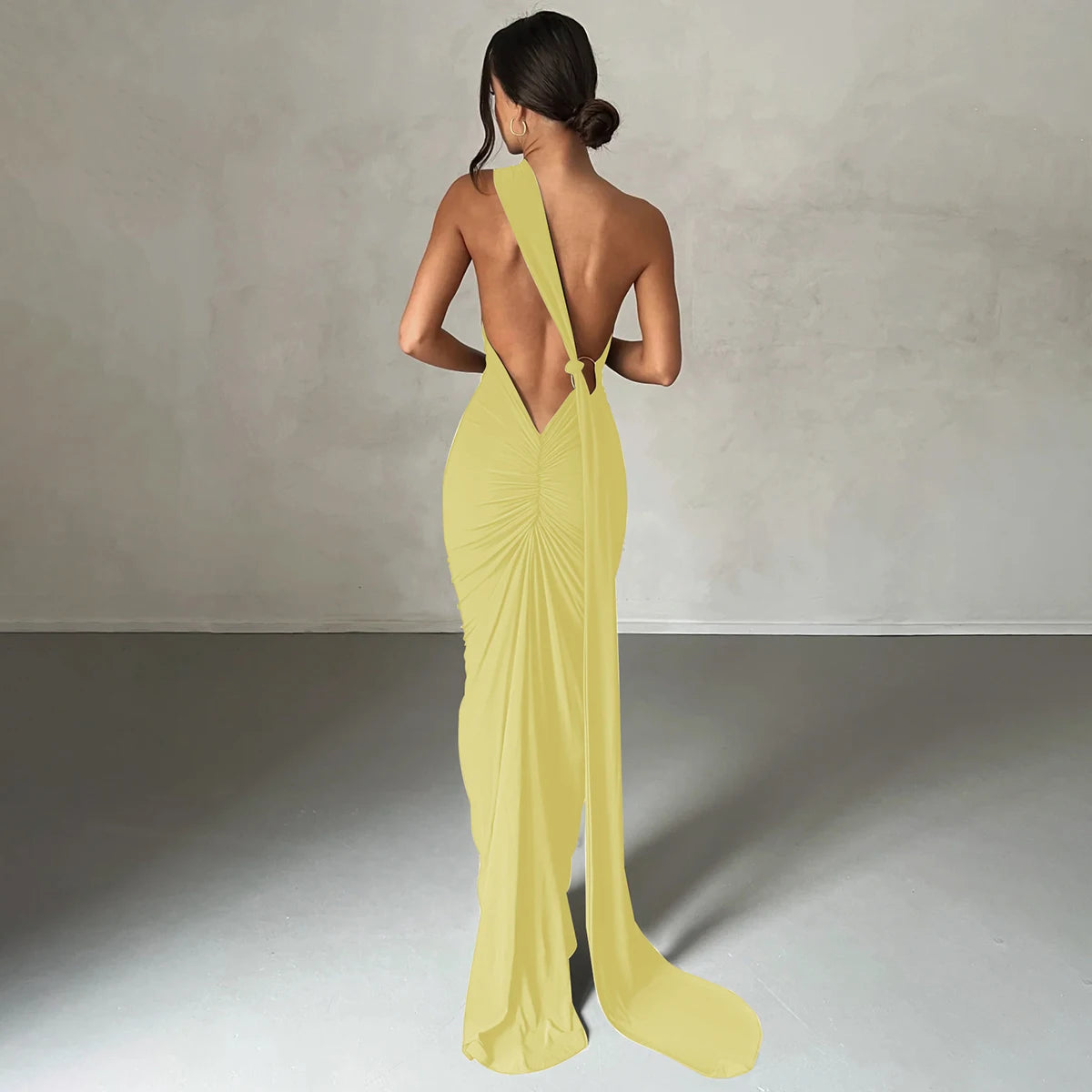 Hugcitar One Shoulder Backless Ruched Maxi Dress - Sexy Adjustable Scarf Loop Elegant Y2K Festival Clubwear