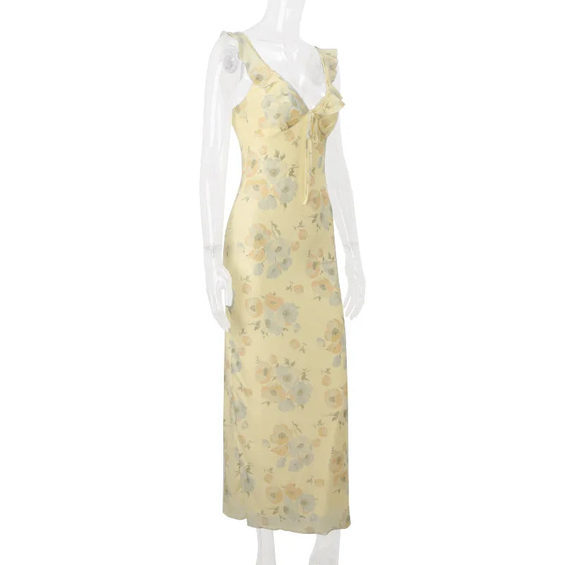 Cryptographic Elegant Plunging Neck Floral Maxi Dress - Fairycore Backless Summer Vacation Aesthetic Sun Dress