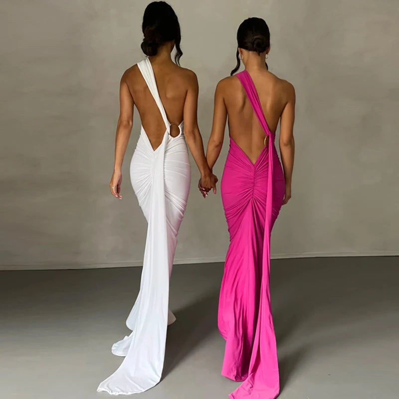 Hugcitar One Shoulder Backless Ruched Maxi Dress - Sexy Adjustable Scarf Loop Elegant Y2K Festival Clubwear