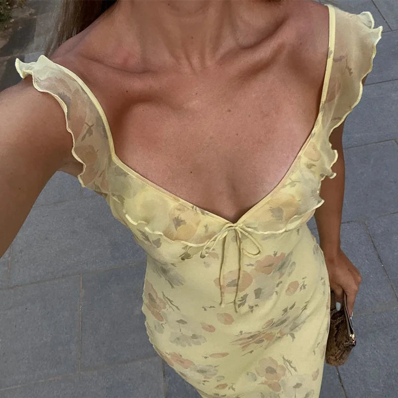 Cryptographic Elegant Plunging Neck Floral Maxi Dress - Fairycore Backless Summer Vacation Aesthetic Sun Dress