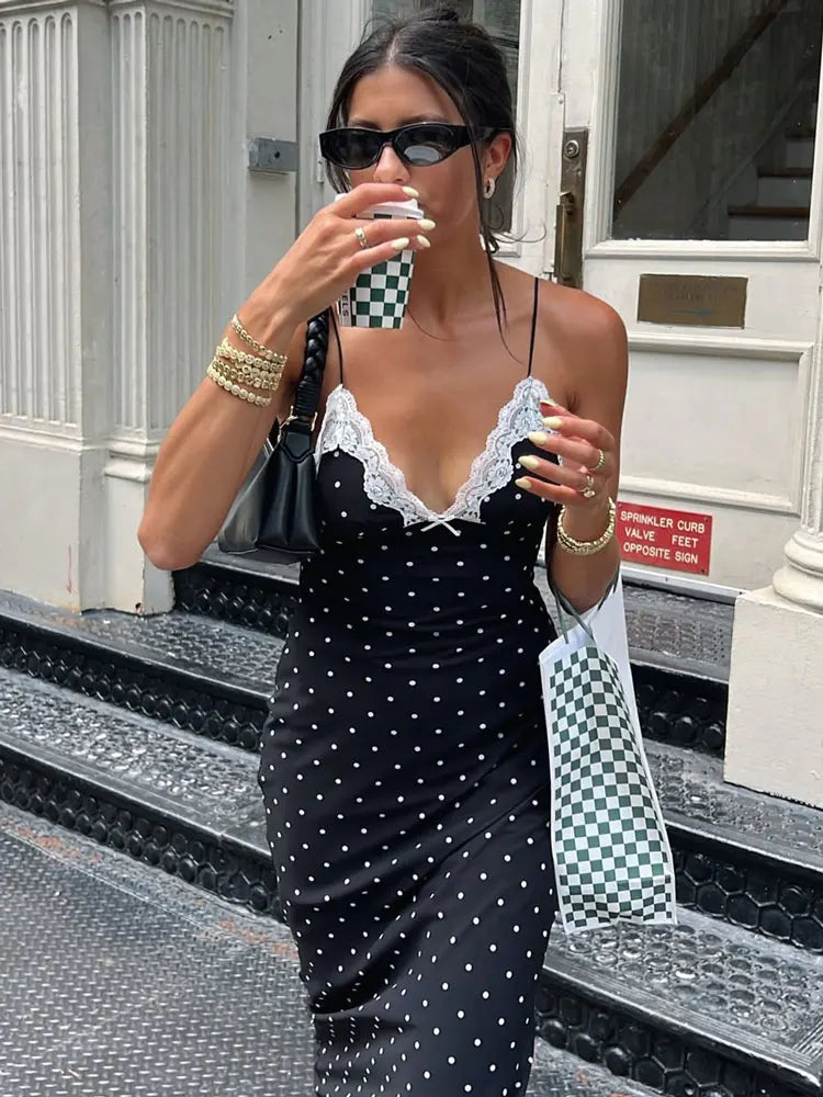 Tossy Contrast Lace V-Neck Patchwork Maxi Dress - Sexy Backless High Waist Slim Spaghetti Strap Party Long Dress