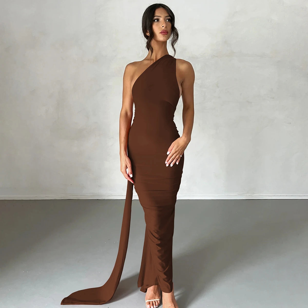 Hugcitar One Shoulder Backless Ruched Maxi Dress - Sexy Adjustable Scarf Loop Elegant Y2K Festival Clubwear