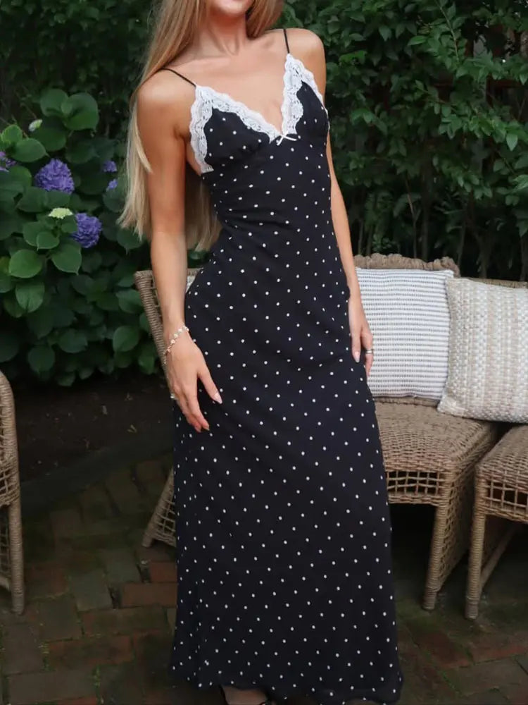 Tossy Contrast Lace V-Neck Patchwork Maxi Dress - Sexy Backless High Waist Slim Spaghetti Strap Party Long Dress