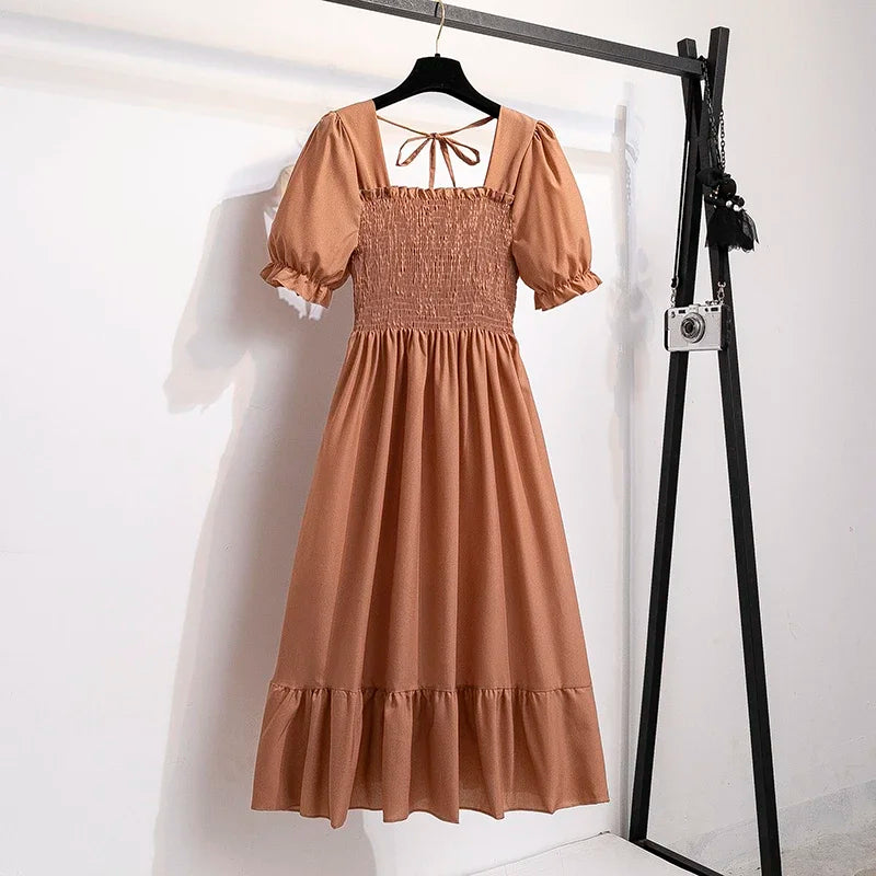 Women's Spring Summer Chiffon Pleated Dress - Casual Short Sleeve Elastic Waist A-Line Vestidos