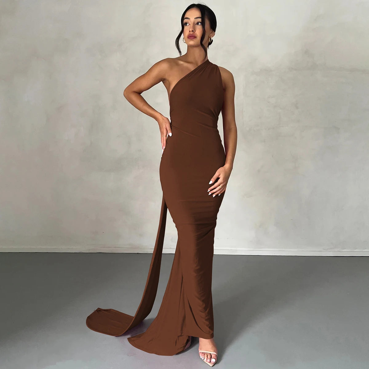 Hugcitar One Shoulder Backless Ruched Maxi Dress - Sexy Adjustable Scarf Loop Elegant Y2K Festival Clubwear