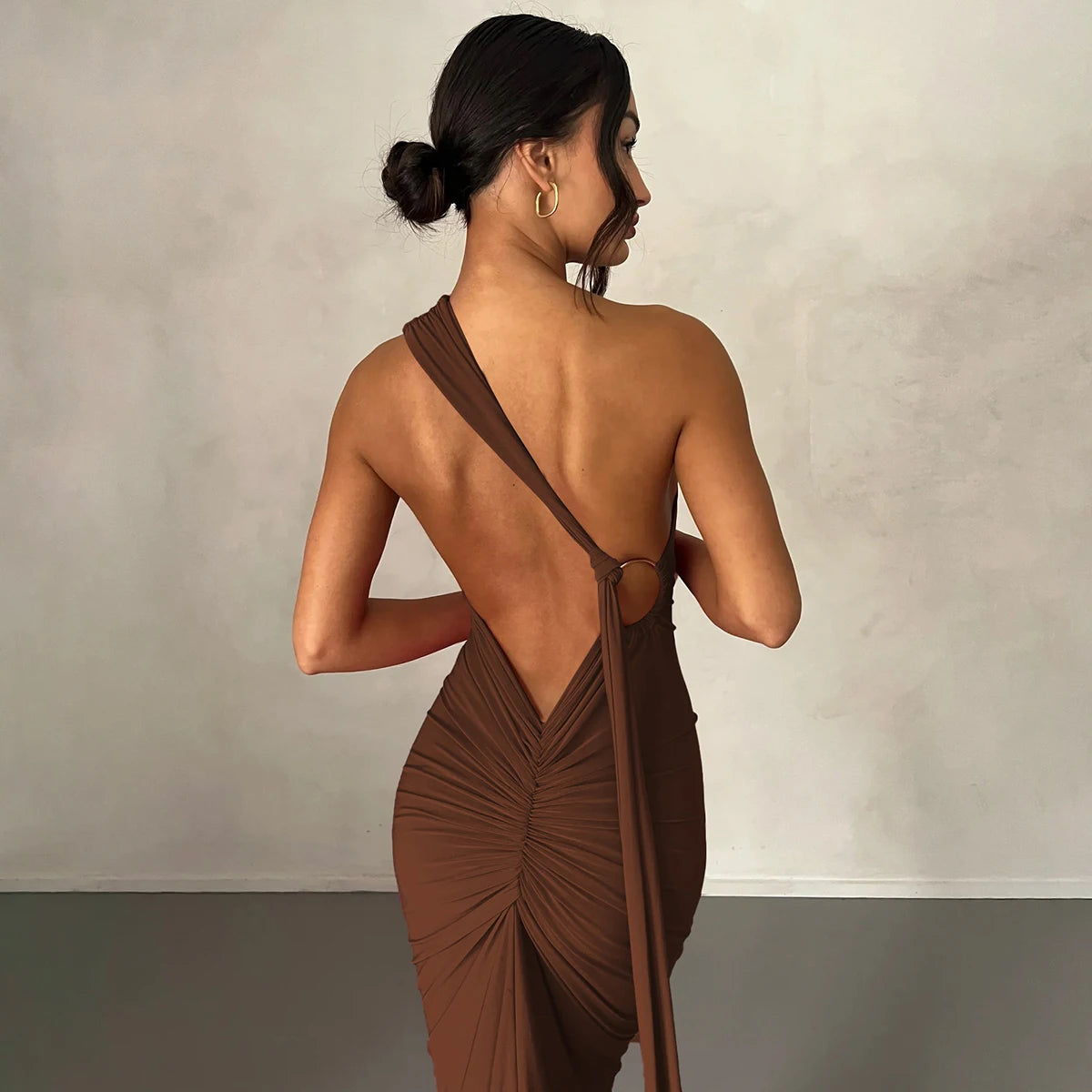Hugcitar One Shoulder Backless Ruched Maxi Dress - Sexy Adjustable Scarf Loop Elegant Y2K Festival Clubwear