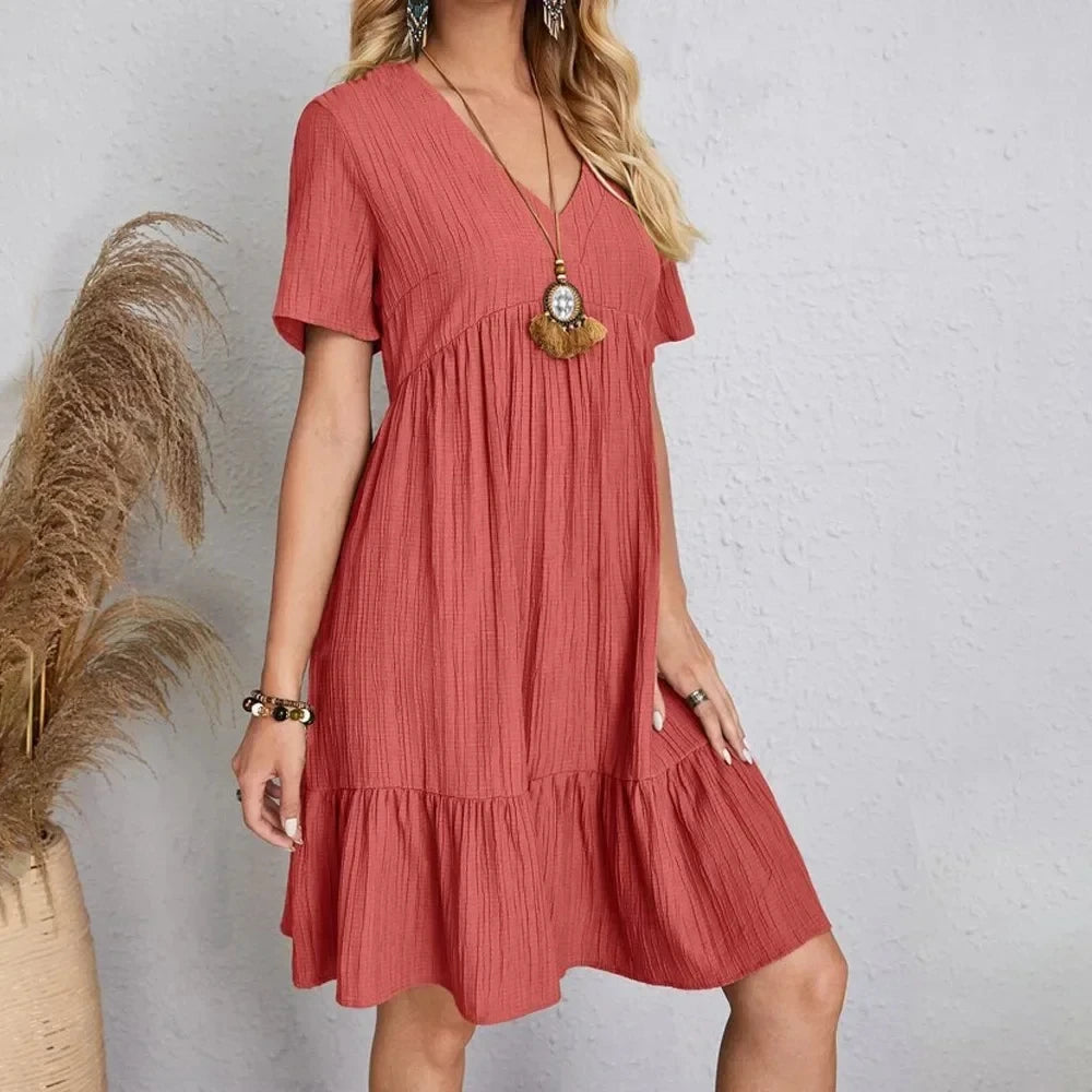 Willow Textured V-Neck Tiered Mini Dress – Breezy Summer Smock Dress